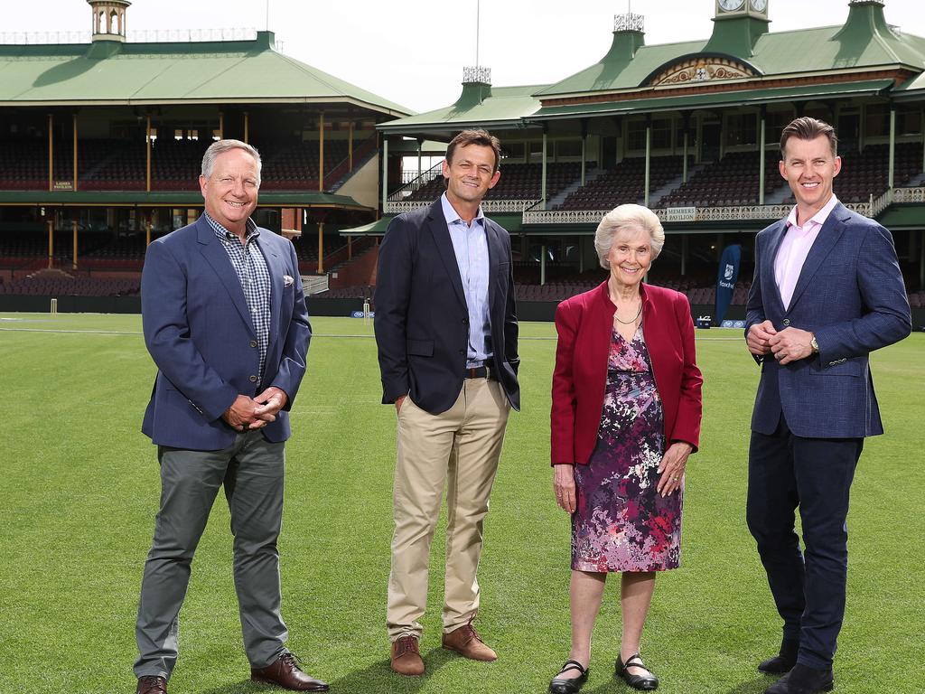 Daphne Benaud with Fox Cricket commentators  Ian Healy, Adam Gilchrist and Brett Lee at the  SCG. Picture: Brett Costello