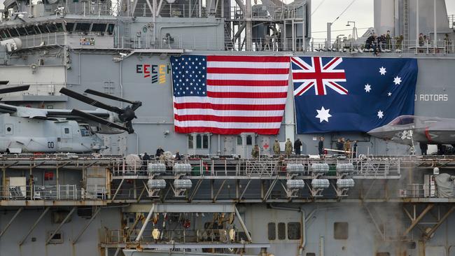 The USS WASP at Garden Island, Sydney yesterday. Picture: Justin Lloyd