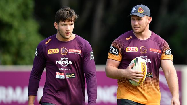 Patrick Carrigan (left) and Matt Lodge (right) at Broncos training ahead of their match with Newcastle.