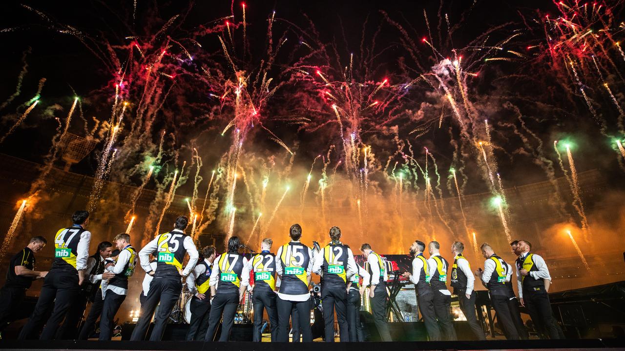 Richmond players watch fireworks at the MCG after last year’s Grand Final. (Photo by Mackenzie Sweetnam/Getty Images)