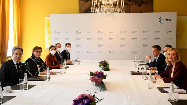 US Secretary of State Antony Blinken meets with Australian Foreign Minister Marise Payne (2nd L) and British Foreign Secretary Liz Truss (R) at the Munich Security Conference. Picture: AFP