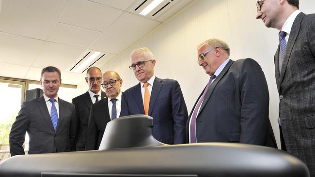 Then prime minister Malcolm Turnbull with French defence officials in Adelaide in 2016. Picture: AAP