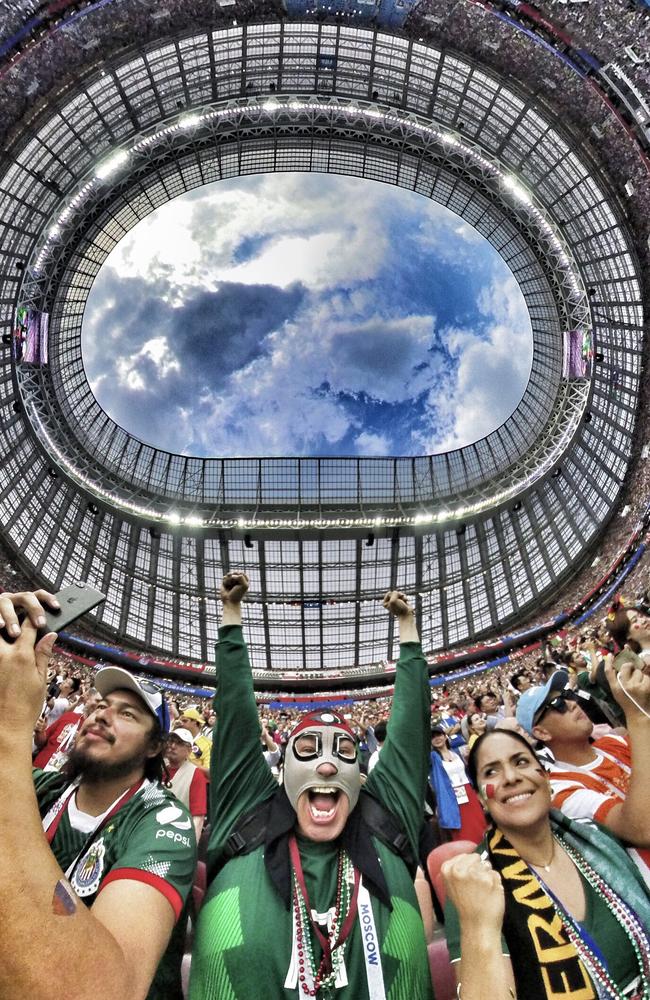 MOSCOW, RUSSIA - JUNE 17:  (EDITOR'S NOTE: Image was created with a 360 Camera) Mexico fans cheer inside the stadium prior to the 2018 FIFA World Cup Russia group F match between Germany and Mexico at Luzhniki Stadium on June 17, 2018 in Moscow, Russia.