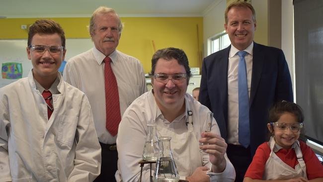 Year six student Nathaniel Smith, Whitsunday Anglican School board chairman David Watts, Dawson MP George Christensen, principal Andrew Wheaton and prep student Aaushiee Jain. Picture: Lillian Watkins