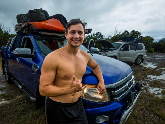 Joshua Strbik helped people get through flood waters in the Bundaberg area. Picture: Leon O'Neil