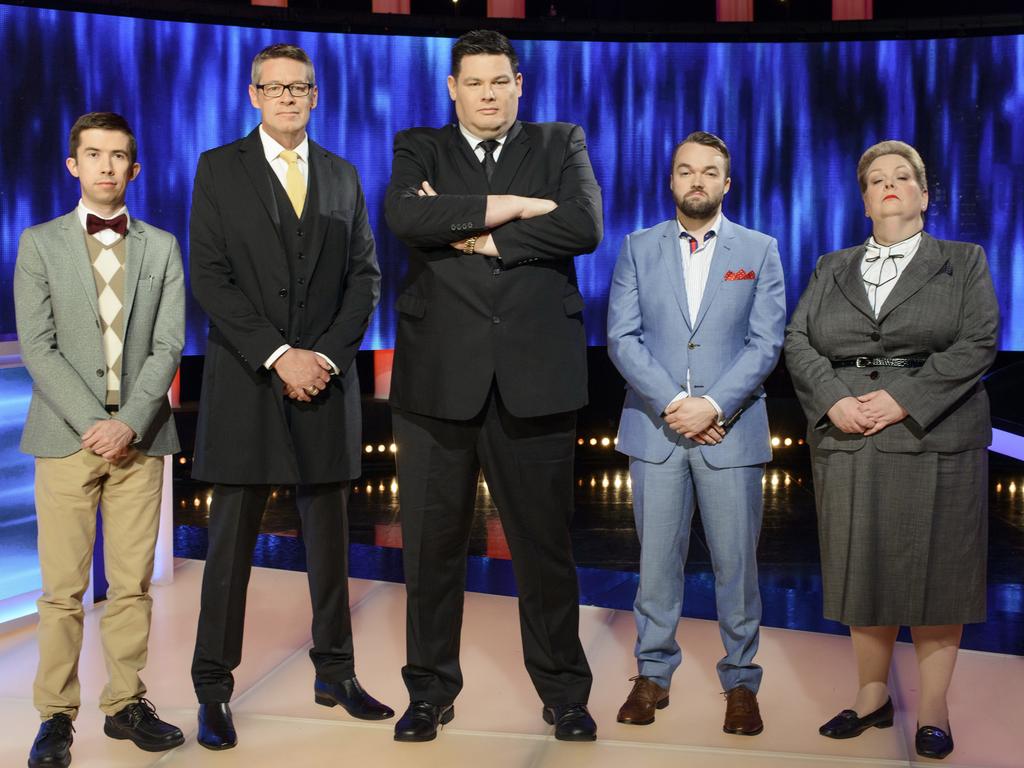 The Chase Australia stars Issa Schultz, Matt Parkinson, Mark Labbett, Brydon Coverdale and Anne Hegerty. Picture: Seven