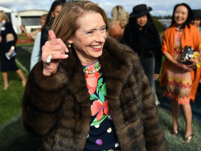 Gai Waterhouse reacts after Global Glamour wins the Tristarc Stakes to make it three winners from the runners for the champion trainer.