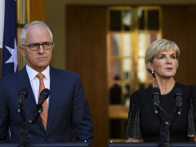 Australian Prime Minister Malcolm Turnbull (left) and Australian Foreign Minister Julie Bishop speak to the media during a press conference at Parliament House in Canberra, Tuesday, March 27, 2018. The Australian government announced today that it would expel two Russian diplomats over the Scribal poisoning affair. (AAP Image/Lukas Coch) NO ARCHIVING