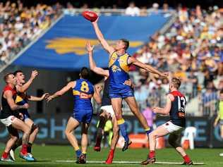 Nathan Vardy of the Eagles contests the ball during the Round 22 AFL match between the West Coast Eagles and the Melbourne Demons at Optus Stadium in Perth, Sunday, August 19, 2018. Picture: RICHARD WAINWRIGHT/AAP PHOTOS