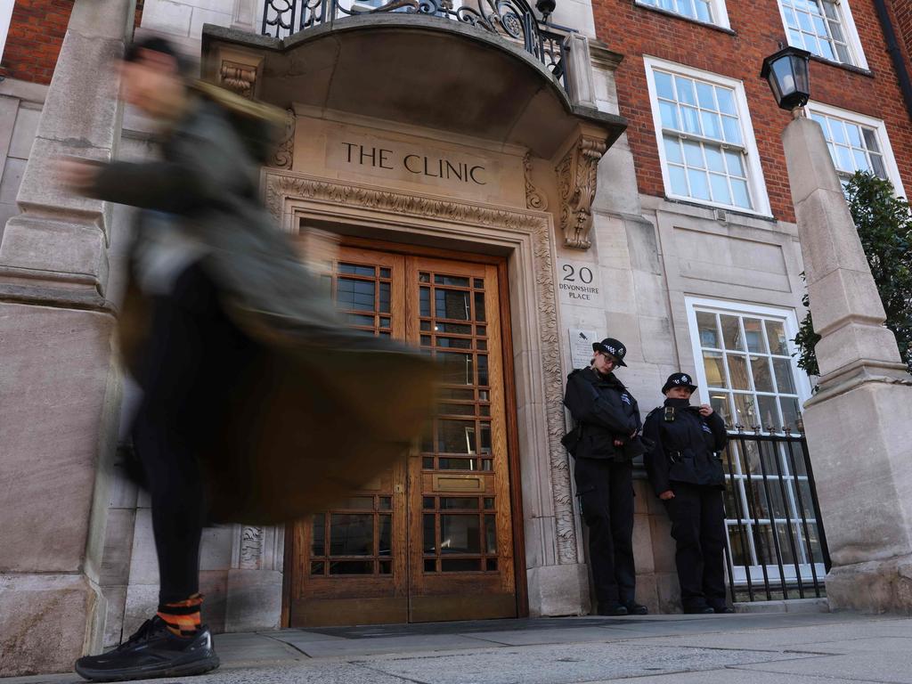 Police outside the London Clinic in Marylebone, central London, at the time of Princess Catherine’s surgery. Picture: AFP