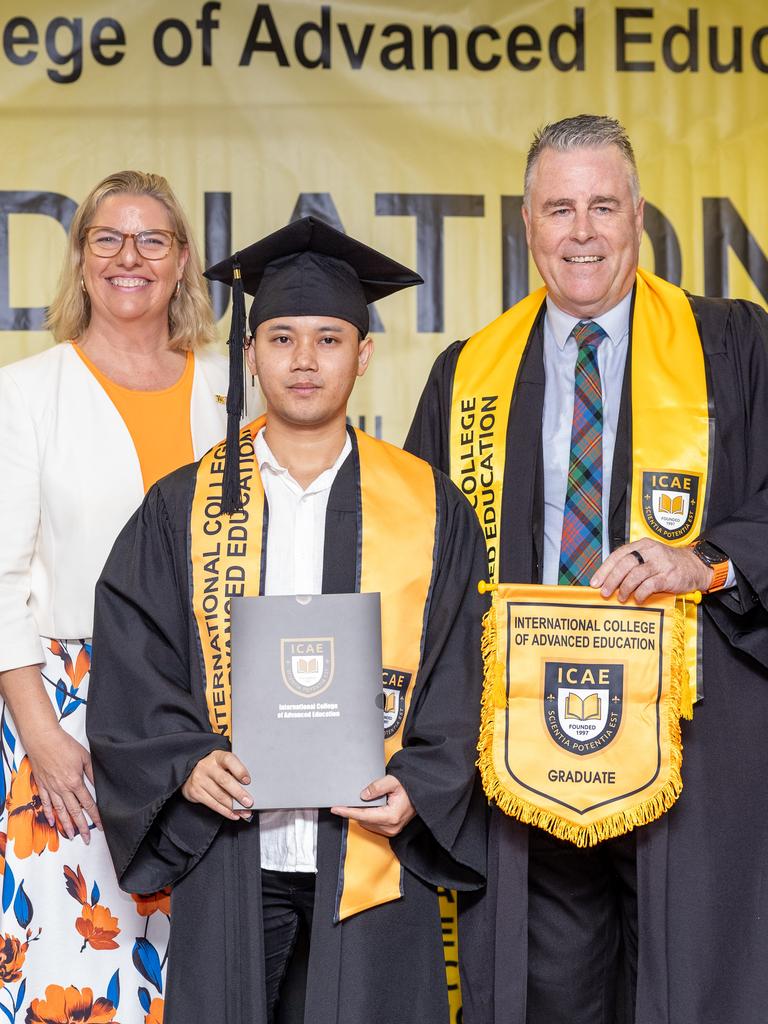 Minister Marie-Clare Boothby, Ronaldo Barlin and Sean Mahoney Chief executive at the International College of Advanced Education Graduation, May 2025. Picture: Pema Tamang Pakhrin