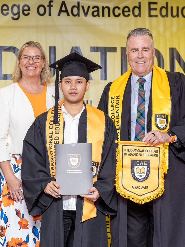 Minister Marie-Clare Boothby, Ronaldo Barlin and Sean Mahoney Chief executive at the International College of Advanced Education Graduation, May 2025. Picture: Pema Tamang Pakhrin