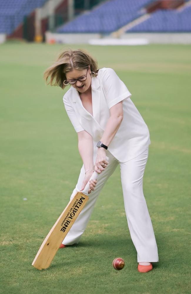 Premier of Victoria Jacinta Allan plays cricket at Arun Jaitley Stadium in Delhi India to sell the state as a key tousim destination. Picture: Jai Narula