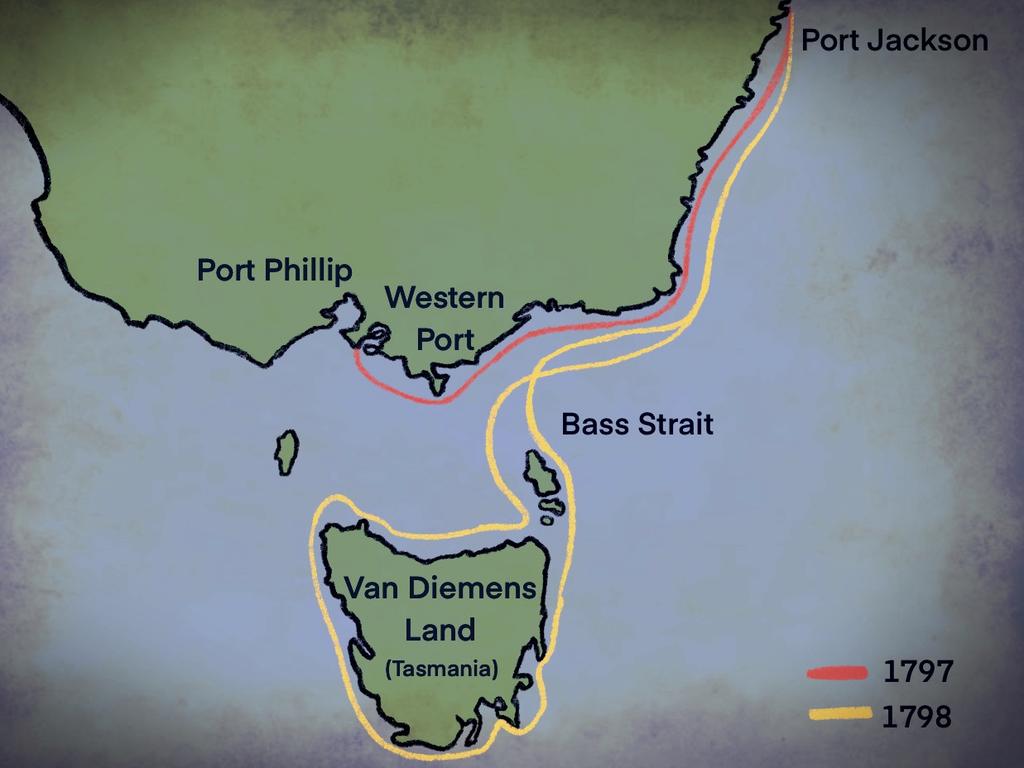 Approximate routes taken in 1797 and 1798 by Bass to the strait that was later named in his honour.