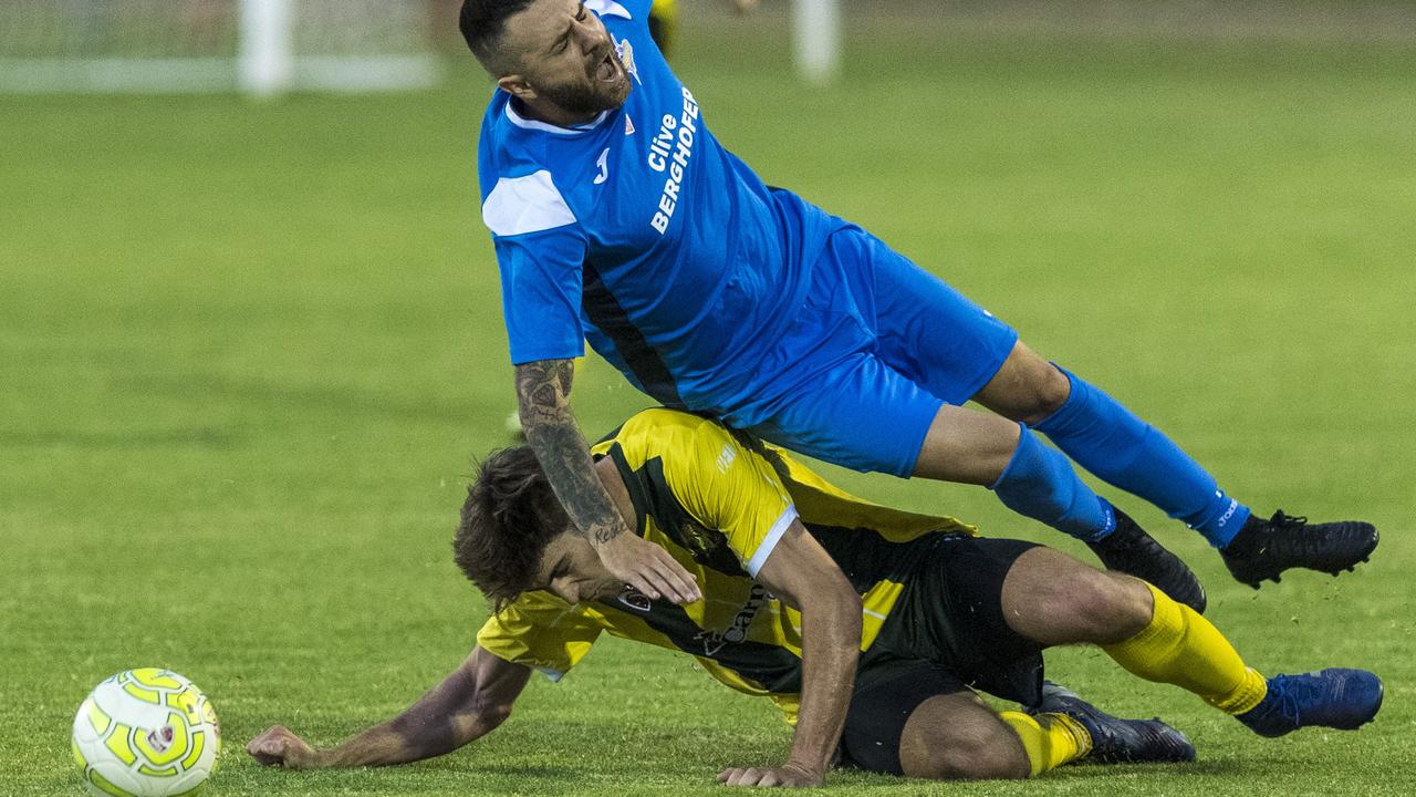 FOULED: SWQ Thunder midfielder Pasquale de Vita is brought down in a challenge. Picture: Kevin Farmer