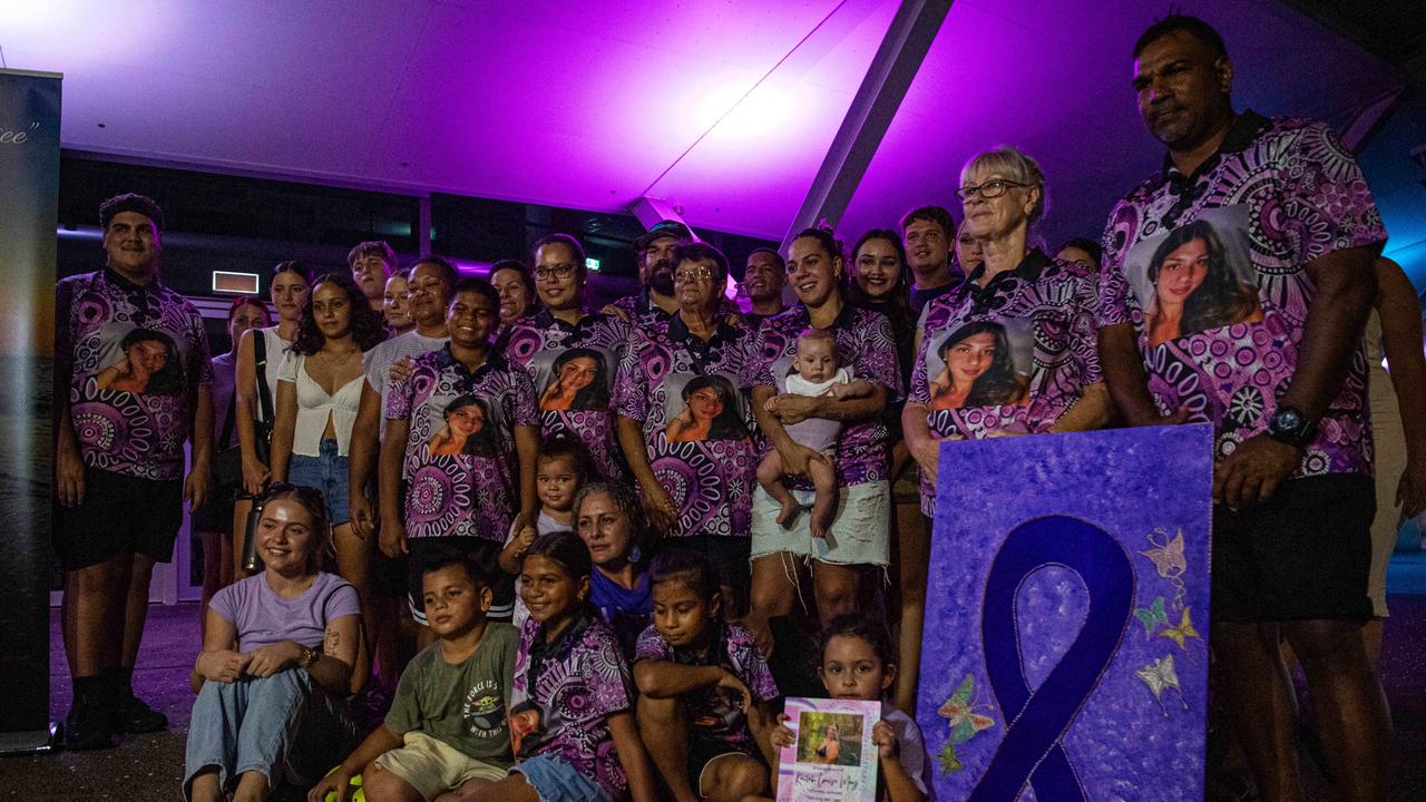 Loved ones of 19-year-old Kailah May who drowned as a result of an epileptic fit in 2022 gathered under the purple lights of the Darwin Convention Centre on Tuesday March 27 for Epilepsy Awareness Day. Picture: Zizi Averill