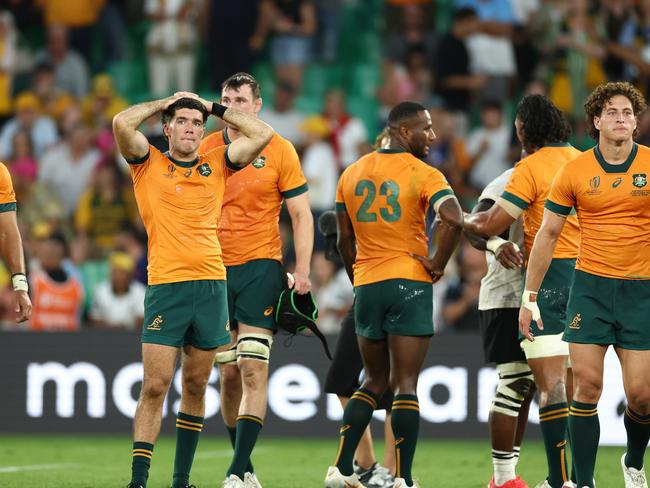 SAINT-ETIENNE, FRANCE - SEPTEMBER 17: Ben Donaldson of Australia looks dejected at full-time following the Rugby World Cup France 2023 match between Australia and Fiji at Stade Geoffroy-Guichard on September 17, 2023 in Saint-Etienne, France. (Photo by Chris Hyde/Getty Images)