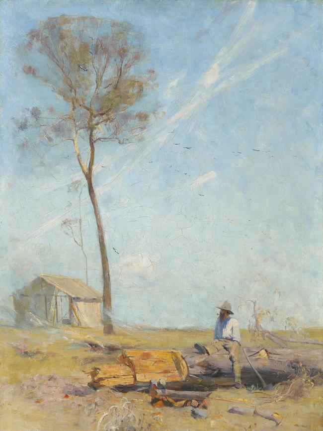 Arthur Streeton, The selector's hut (Whelan on the log) 1890 oil on canvas 76.7 x 51.2 cm; 93 x 69.3 x 8 cm frame National Gallery of Australia, Canberra, purchased 1961.