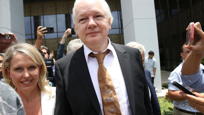 Assange leaves the US court in Saipan on Wednesday accompanied by his lawyer Jennifer Robinson. Picture: Getty Images