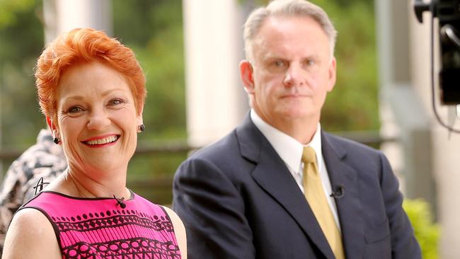 Pauline Hanson and Mark Latham outside the 2GB studio in Sydney. Picture: John Grainger