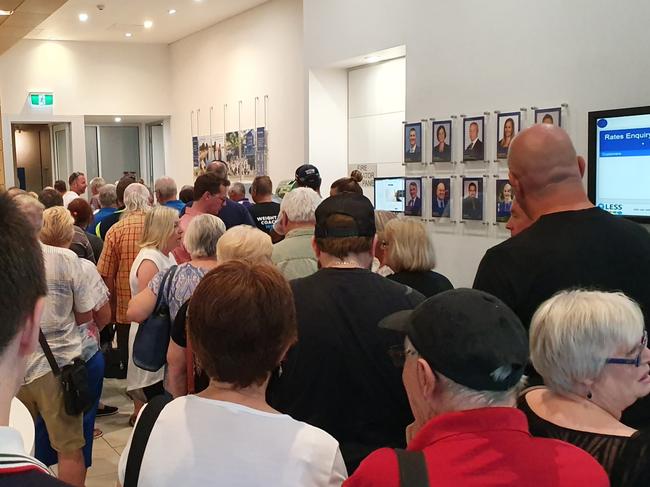 The foyer of Central Coast Council as people packed in to demand urgent action. Picture: Fiona Killman