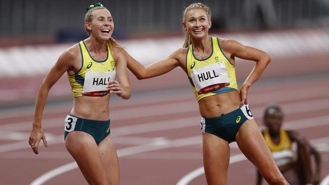 Australia’s Linden Hall and Jessica Hull still exuberant after the final of the Womens 1500m, where they didn’t place in the medals. Picture: Alex Coppel.