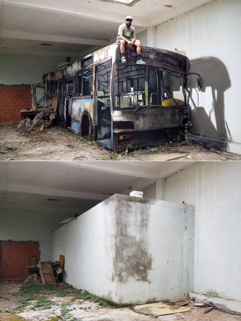 Old wall becomes old bus once Odeith has finished painting. Picture: Odeith/Instagram