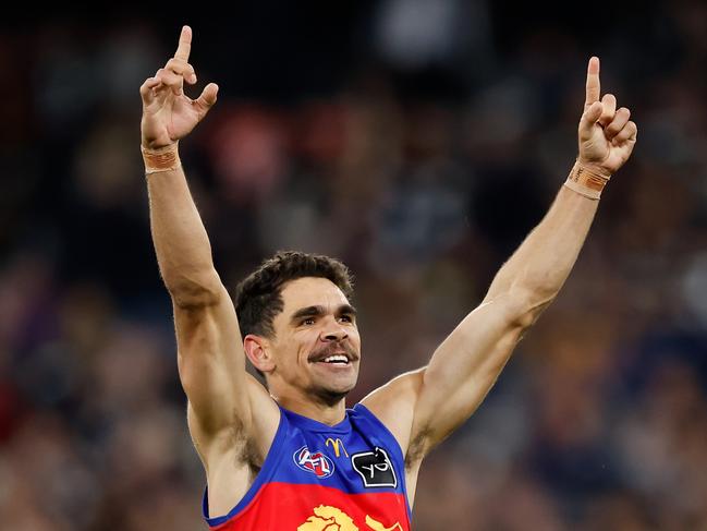 MELBOURNE, AUSTRALIA - SEPTEMBER 21: Charlie Cameron of the Lions celebrates after the siren during the 2024 AFL Second Preliminary Final match between the Geelong Cats and the Brisbane Lions at The Melbourne Cricket Ground on September 21, 2024 in Melbourne, Australia. (Photo by Dylan Burns/AFL Photos via Getty Images)