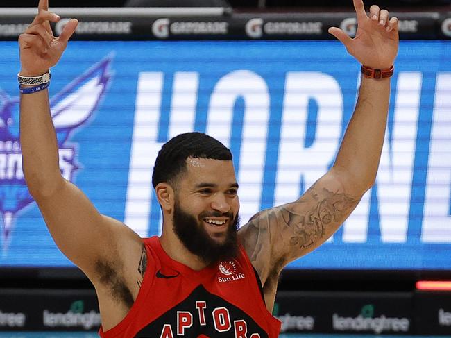 CHARLOTTE, NORTH CAROLINA - DECEMBER 14: Fred VanVleet #23 of the Toronto Raptors celebrates after hitting a three point basket at the end of the second quarter during their game against the Charlotte Hornets at Spectrum Center on December 14, 2020 in Charlotte, North Carolina. (Photo by Jared C. Tilton/Getty Images)