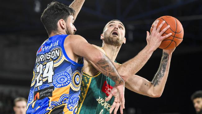 LAUNCESTON, AUSTRALIA - NOVEMBER 04: Jack McVeigh of the Jackjumpers looks to shoot during the round six NBL match between Tasmania Jackjumpers and Brisbane Bullets at The Silverdome, on November 04, 2023, in Launceston, Australia. (Photo by Simon Sturzaker/Getty Images)