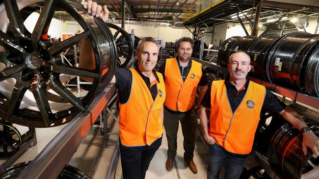 Carbon Revolution co-founders Jake Dingle, Ashley Denmead and Brett Glass at their factory in Geelong Picture: David Geraghty