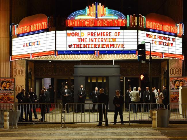 Security  outside The Theatre at Ace Hotel before the premiere of the film The Interview.