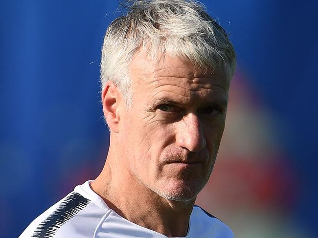 France's head coach Didier Deschamps looks on during a training session at the Glebovets stadium in Istra, some 70 km west of Moscow on July 12, 2018, ahead of their Russia 2018 World Cup final football match against Croatia.  / AFP PHOTO / FRANCK FIFE