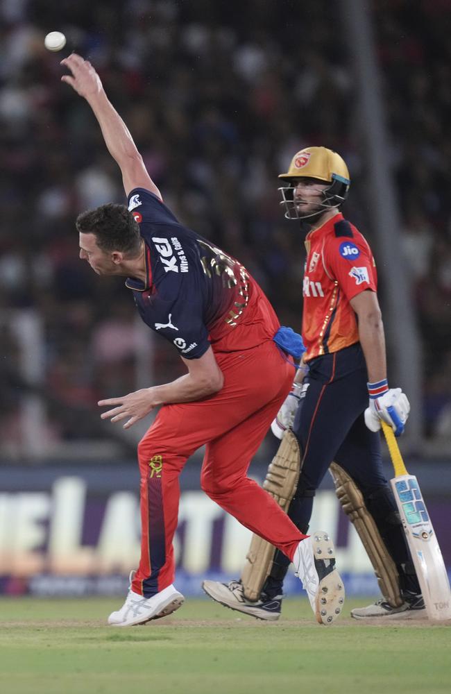 Royal Challengers Bengaluru's Josh Hazlewood bowls a delivery during the Indian Premier League final.