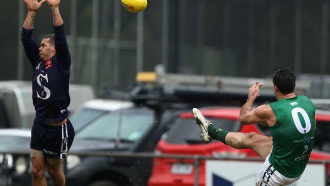 Former North Melbourne great Michael Firrito pulled on the No. 0 when playing for Gembrook Cockatoo against Seville. Picture: Stuart Milligan