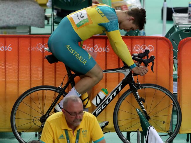 Matthew Glaetzer in action during the Men's Keirin Second round, where he was knocked out not making the medal rounds at the Rio Olympics 2016 track cycling at the Rio Olympic Velodrome. Picture: Adam Head