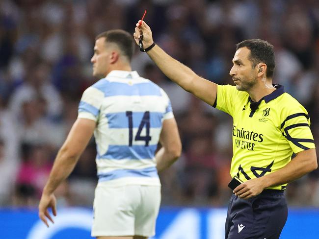 Tom Curry is shown a red card by referee Mathieu Raynal. Picture: David Rogers/Getty Images