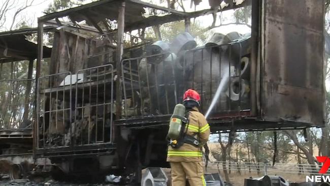 Three trucks crashed and caught fire at the SA/VIC border checkpoint at Serviceton in February. Picture: 7News