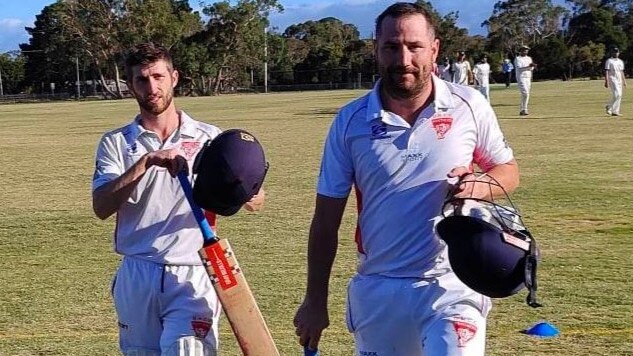 Nathan Worsteling (left) and Lucas Carroll walk off after steering Devon Meadows to victory in the semi-final. Picture: Facebook