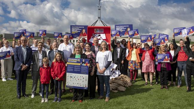 Around 50+ AEU members have come together to deliver over 70,000 postcards to the Prime Minister calling for greater funding for public schools. Picture: Dallas Killponen