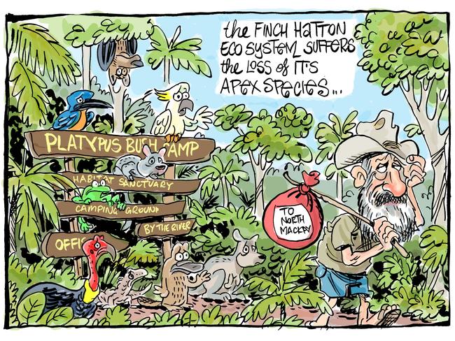 Cartoonist Harry Bruce pays tribute to Warren "Wazza" Swadling, who sold Platypus Bush Camp after 30+ years in Finch Hatton.