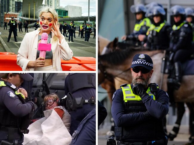 An anti-weapons protester has had her concrete-encased hand detached from a car by police during the final day of anti-war protests in Melbourne. 