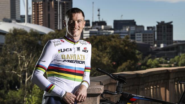 Rohan Dennis back home in Adelaide in his time trial world champion’s jersey. Picture: Sarah Reed.