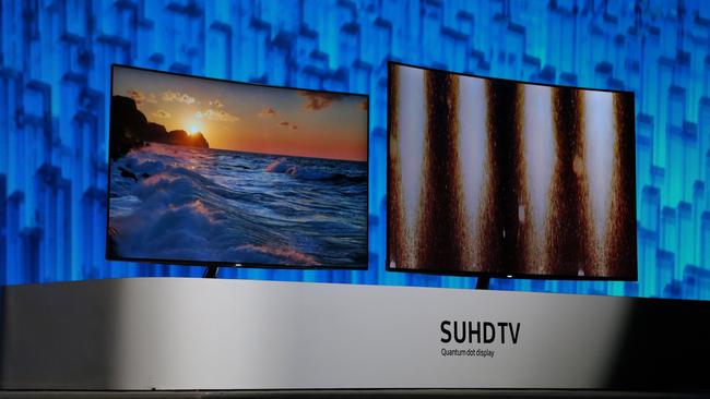 Samsung SUHGTV Quantum Dot Display television screens are shown onstage. Credit: AFP