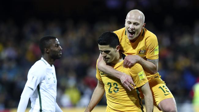 Socceroo Tom Rogic gets a third goal and Aaron Mooy celebrates with him at Adelaide Oval in a 3-2 win over Saudi Arabia in 2017. Picture Sarah Reed.