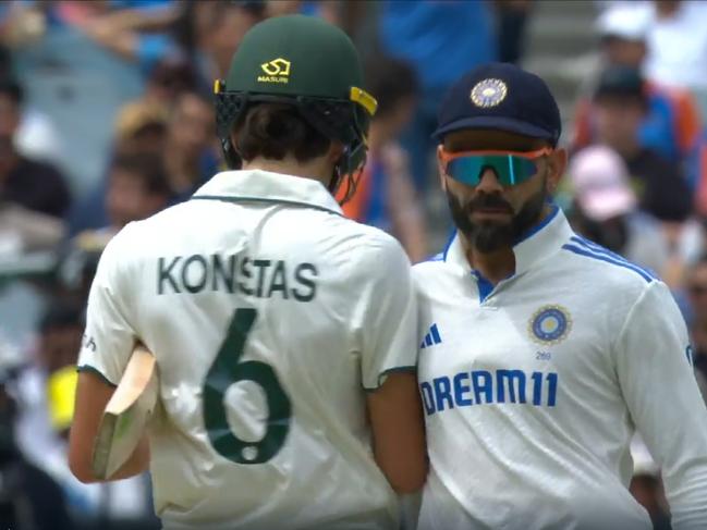 Australian teenage debutant Sam Konstas and Indian legend Virat Kohli have clashed in wild scenes on the opening day of the Boxing Day Test. Picture FOX Sport