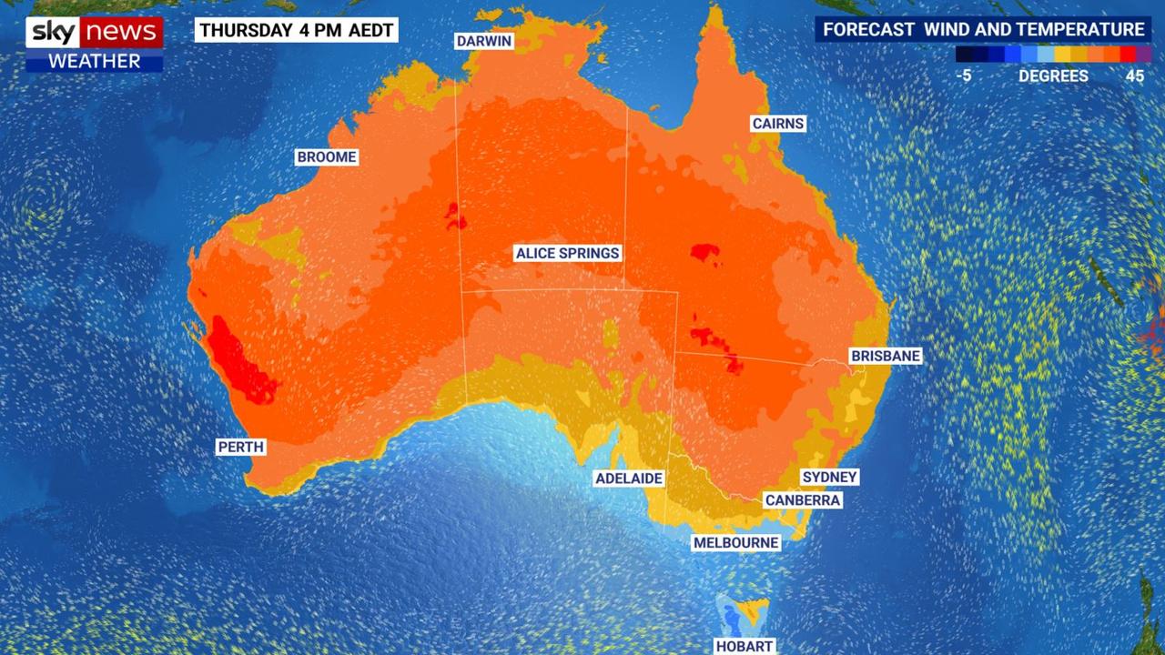 Spiking heat and rain will be a feature over the coming days weather wise. Picture: Sky News Weather.