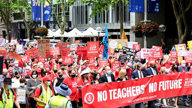 Thousands of public school teachers demonstrated outside NSW Parliament on Tuesday. Picture: NCA NewsWire / Jeremy Piper