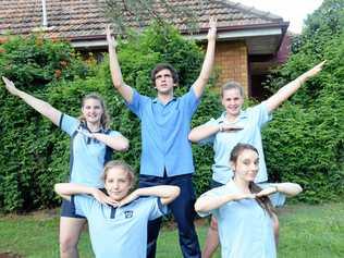 Kathleen Gogerly the dance captain with Kelsey Wittmann, Harmony Hall, Veronica May, and Nicolas Browne. Picture: Madeline Grace