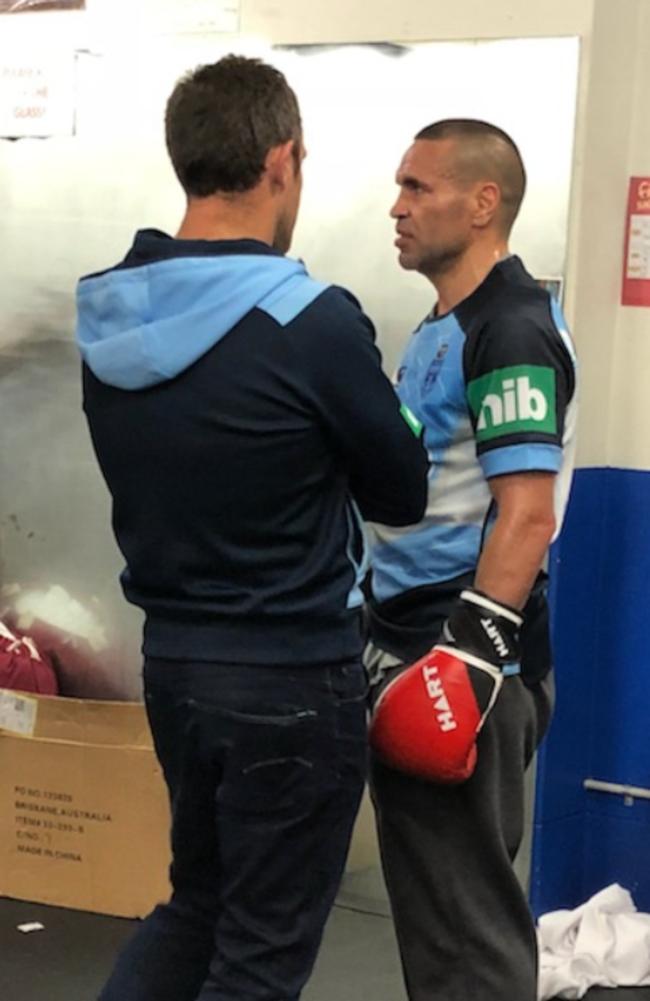 Anthony Mundine chats with NSW State of Origin coach Brad Fittler at Woolloomooloo.